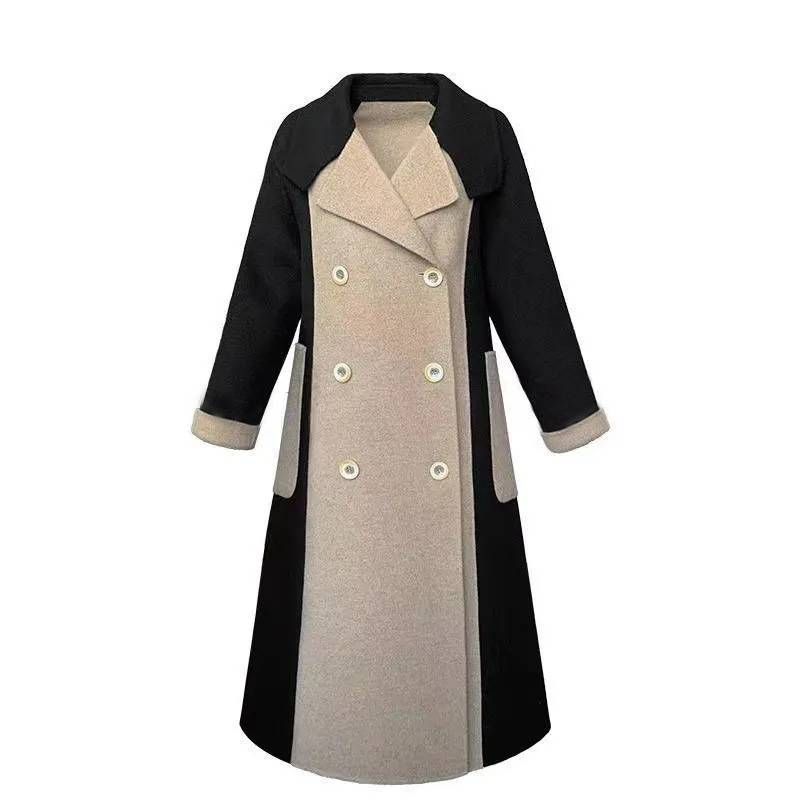 Women's Winter Thickened Large Size Loose Woolen Coat Color Matching Hepburn Style Long Belted Office Lady Coat_ecoleips.com