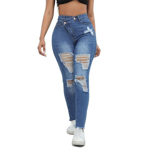 Women's Clothing Fashion Denim Small Feet Ripped Long Sexy High Waist Black Jeans_ecoleips.com