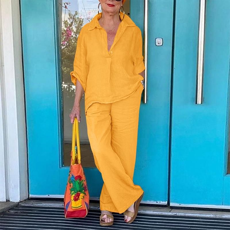 Women's Spring And Summer Cotton And Linen Mid-Sleeve Lapel Solid Color Shirt Wide-Leg Pants Two-Piece Set_ecoleips.com