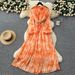Women's Clothing Temperament Dress Strap Waist Three Dimensional Flower Lantern Sleeves Printed Long Dress_ecoleips.com