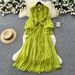 Women's Clothing Elegant A-Line Dress With Rhinestone Accents – Long Sleeve Tie-Waist Pleated Midi Dress (Blue/Brown/Green/Red/Black, One Size)_ecoleips.com