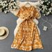 Boho Floral Print Maxi Dress – Wrap Waist, Flowy Chiffon, Elastic Polyester Blend, One-Size Fits Most (10 Colors, Short Sleeve, High-Low Hem)_ecoleips.com