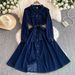 Women's Elegant A-Line Midi Dress Denim Polo Collar Side Slit Belt Office Casual Wear_ecoleips.com