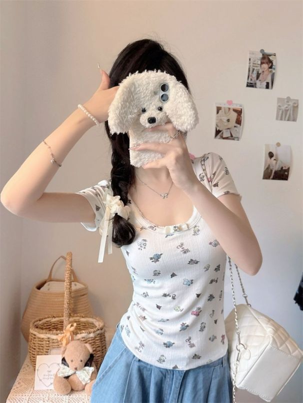 2026 Early Spring French Style Elegant Floral Print Blouse With Bow Collar And Built-In Chest Pads, Short Sleeve_ecoleips.com