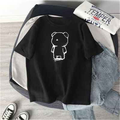 Dongdaemun Women's Loose T-Shirt Summer Short Sleeve Cartoon Print round Neck Student Top Trendy Casual Wear_ecoleips.com