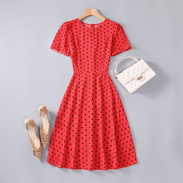 2023 Summer New Short-Sleeve Round Neck Slim-Fit Knee-Length European And American Retro Polka Dot Floral Dress_ecoleips.com