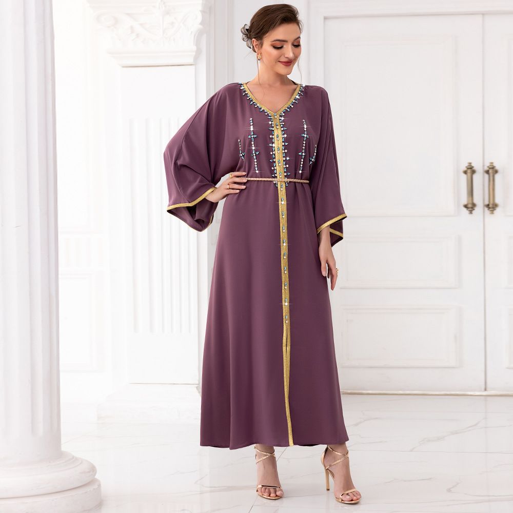 New Spinach Root Color Hand Sewn Diamond Women's Wear New Sleeve Dress_ecoleips.com