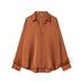 Elegant Satin-Feel Blouse With Feather Trim – Minimalist Versatile Top For Women, Caramel, S/M/L, Perfect For Office & Casual Wear_ecoleips.com