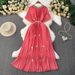 Women's Clothing Heavy Diamond Studded Three Dimensional Flower Round Neck Dress With Waist Pleated Elegant Long Dress_ecoleips.com