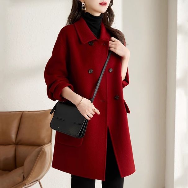 "Women's Wool-Blend Trench Coat - Double-Breasted Mid-Length Winter Coat With Padded Lining, Relaxed Fit, Korean Style In Classic Colors"_ecoleips.com