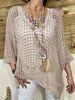Plus Size Women's Summer Crochet Knit Cover Up Top, V-Neck 3/4 Sleeve Hollow Out Casual Loose Elegant Beach Tunic Blouse_ecoleips.com
