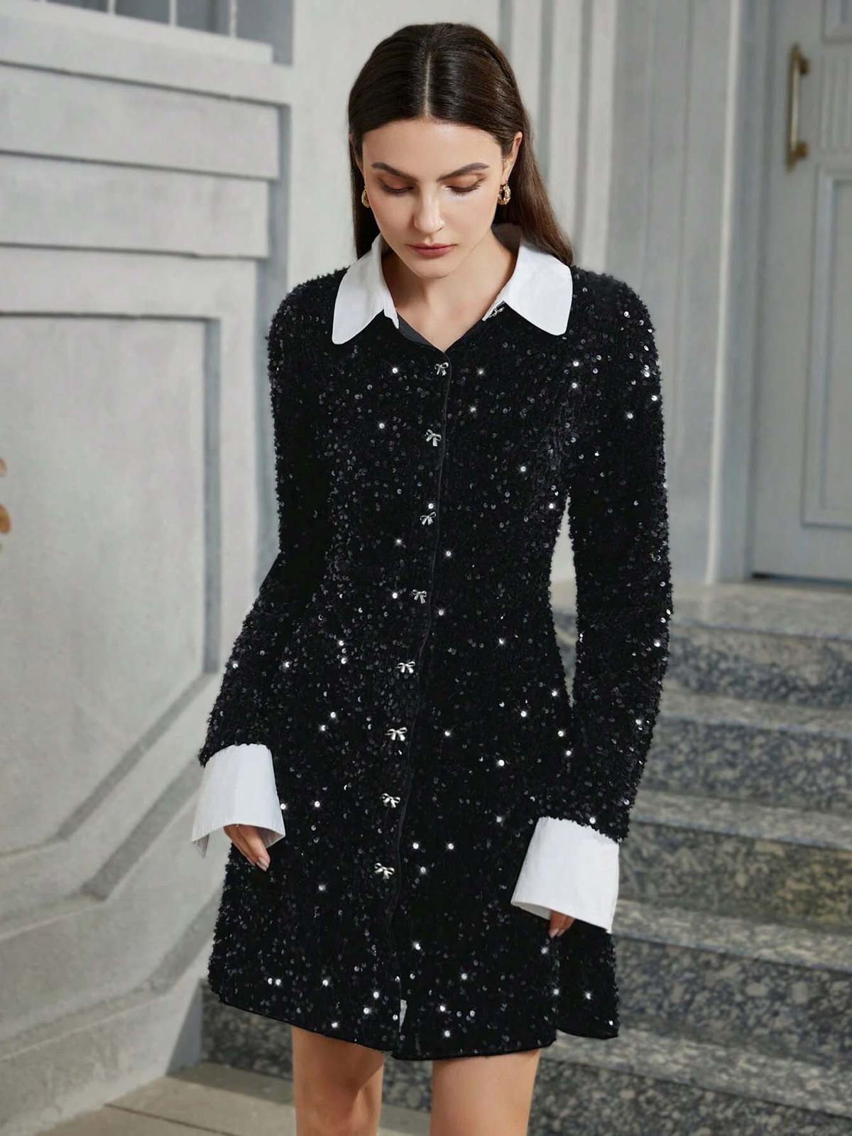 K New Holiday Party One Row Fashionable Sequin Long Sleeved Women's Dress_ecoleips.com