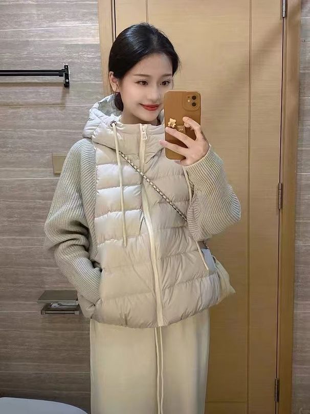 girl Gray Winter New Knitted Sleeve Patchwork Design Jacket Hooded Short Loose Thickened Warm Cotton Coat_ecoleips.com