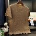Women's Clothing Stand Collar Pleated One Piece Fold Sun Embossed T Shirt Pullover Solid Color Short Sleeved Top Classic Heavy Embroidery Style_ecoleips.com