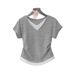 Women's Rhinestone Faux Two Piece Top Short Sleeved T-Shirt 90% Cotton 10% Spandex Fashionable_ecoleips.com