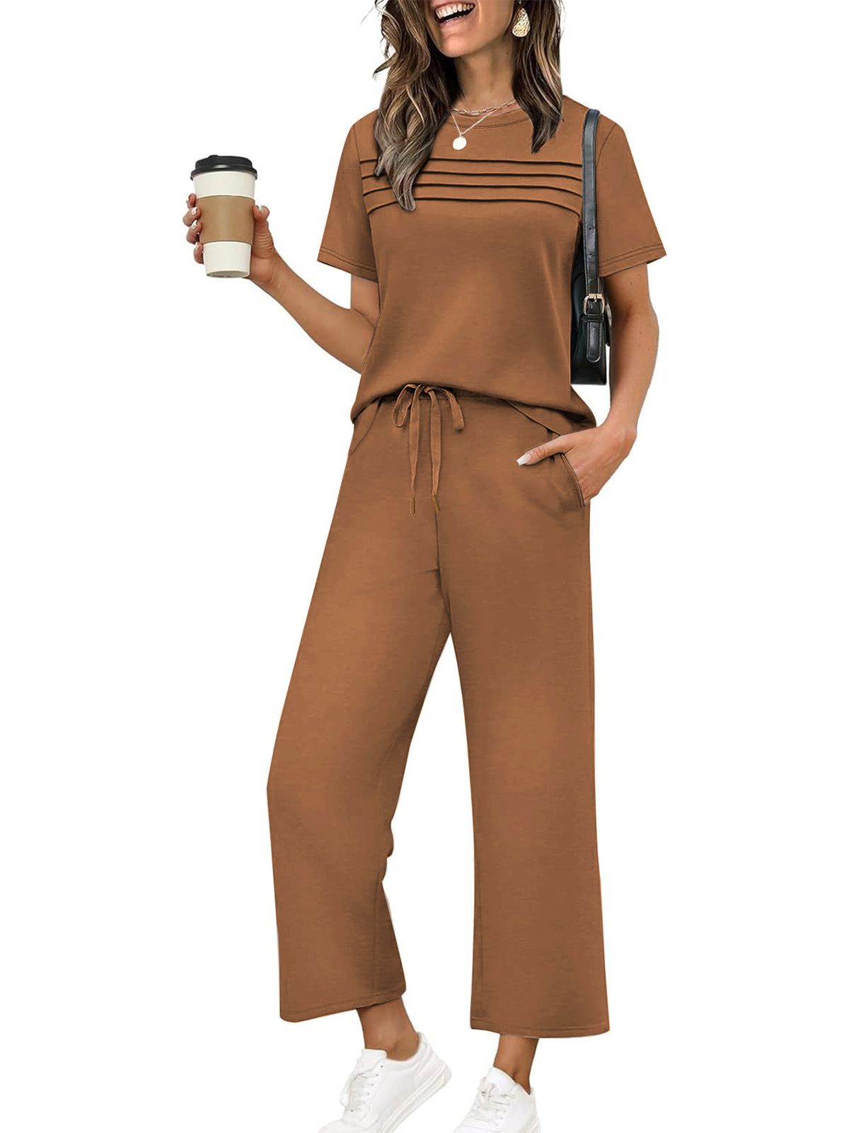 Effortless Elegance: Women's Casual Knit Two-Piece Set With Short Sleeve Top And Relaxed Pants For Office & Daily Wear_ecoleips.com
