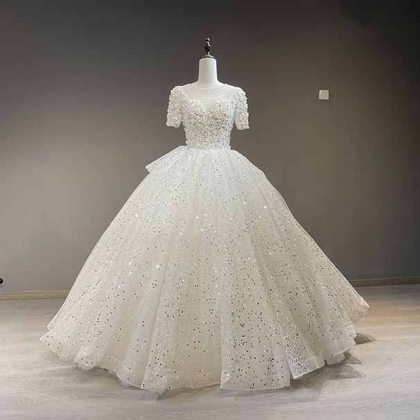 Short Sleeved Exquisite Slim Main Wedding Dress Puffy Skirt Princess Yarn Heavy Craft V Neck Physical Wedding Dress_ecoleips.com