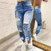Aria Basics Cross-border Letter Print Ripped Jeans For Women, Washed Vintage Slim-Fit Pants, European And American_ecoleips.com