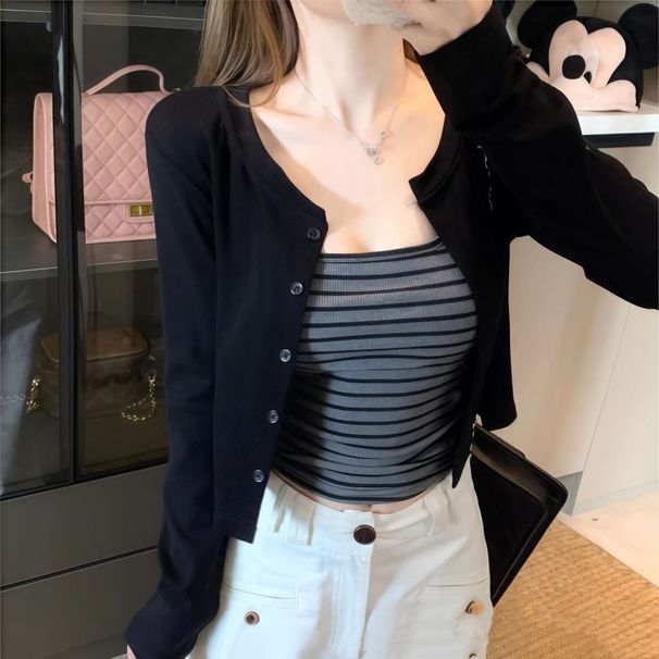 Korean-style Button-striped Camisole Cardigan Set, Autumn Version, Short Slim-fit Long-sleeve Top Two-piece Set_ecoleips.com