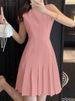 ZANZEA Womens Elegant Pleated Hem Mini Dresses Fashion O-Neck Sleeveless Fitted Waist Robes Femme OL Commuting Solid Vestidos_ecoleips.com