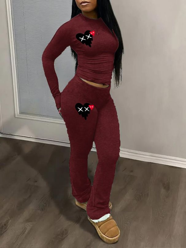 Women's Clothing Love Print Suit Long Sleeved Round Neck T Shirt Trousers Suit_ecoleips.com