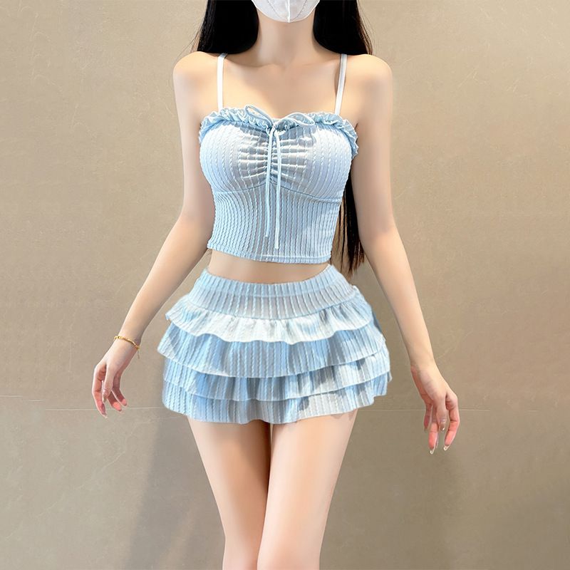 Women's Japanese Style Hot Spring Swimsuit Two Piece Set With Halter Top Solid Color Cake Skirt Cute And Girly_ecoleips.com