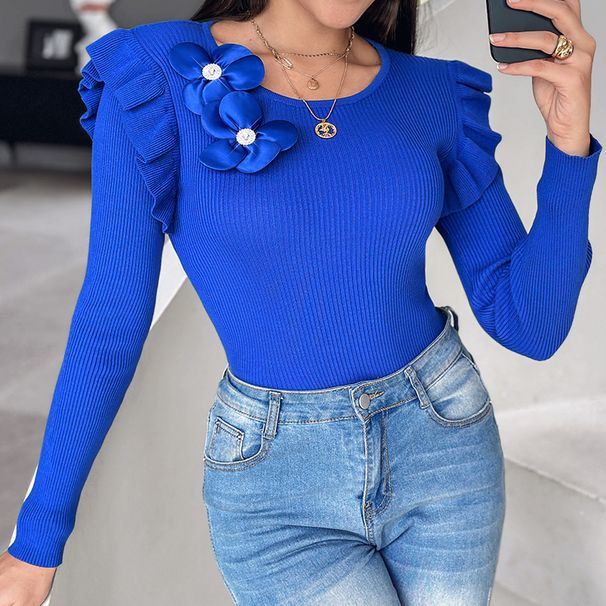 Women's Clothing Wooden Ear Edge Decoration Three Dimensional Flower Round Neck Woolen Top_ecoleips.com