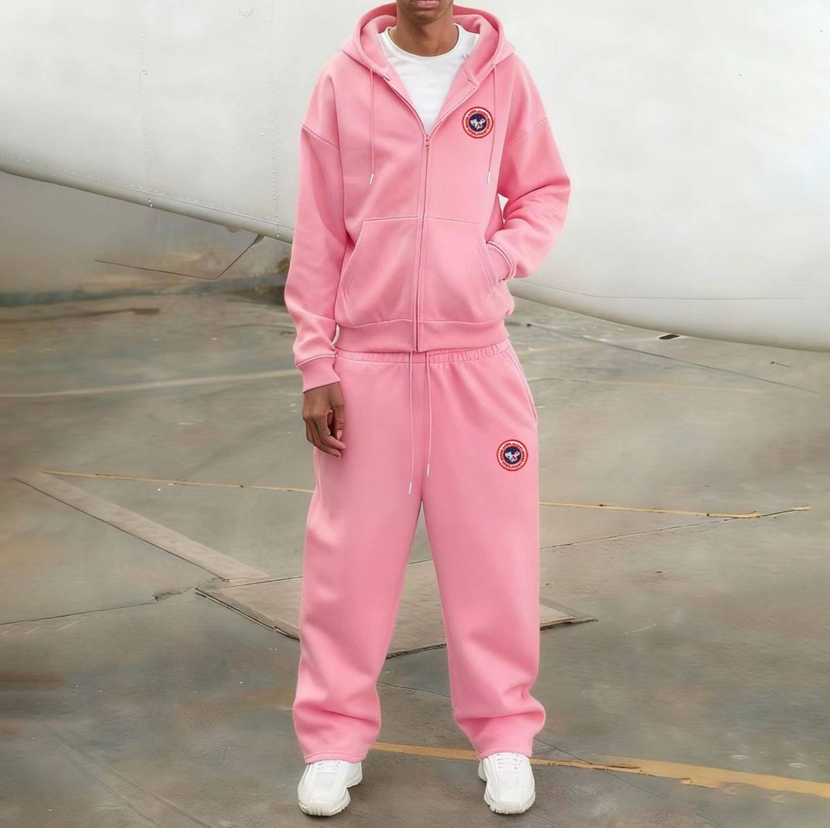Women's Casual Streetwear Set - Comfortable Hoodie & Straight Leg Pants Two-Piece Outfit (Pink, Brown) | Loose Fit, Pure Color, Zip Detail_ecoleips.com