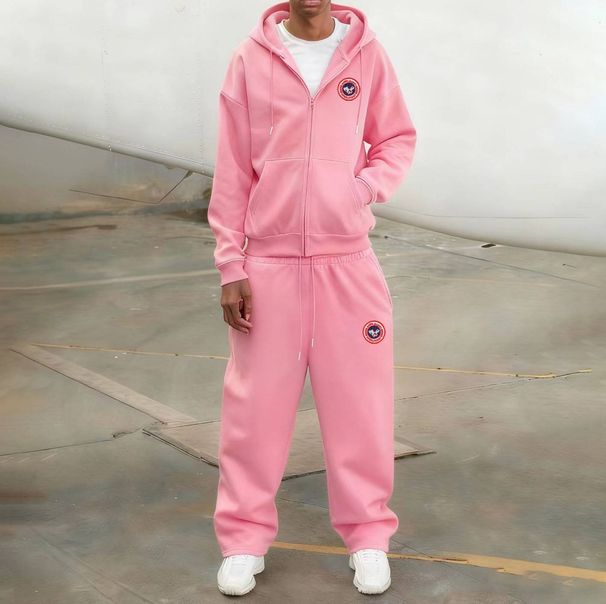 Women's Casual Streetwear Set - Comfortable Hoodie & Straight Leg Pants Two-Piece Outfit (Pink, Brown) | Loose Fit, Pure Color, Zip Detail_ecoleips.com