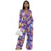 Women's High-Waisted Jumpsuit - Flowy Wide-Leg Jumpsuit With Long Sleeves & Belt Detail - Casual Office Wear - Blue/Green (S-2XL)_ecoleips.com