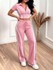 Women's Clothing Slim Fit Color Blocked Jacket And Straight Leg Trousers Set Spring Summer Two-Piece Outfit Short Sleeved_ecoleips.com