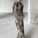 Women's High Neck Slim Fit Dress American Style Fashion Mesh Printed See Through Autumn New_ecoleips.com