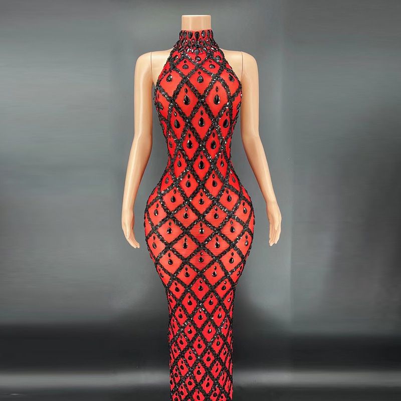 Women's Clothing Sexy Shiny Rhinestone Silver Dress Plus Size Women's Evening Dress Halter Neck Long Dress Sleeveless_ecoleips.com