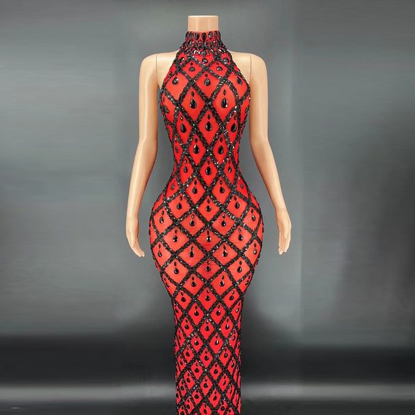 Women's Clothing Sexy Shiny Rhinestone Silver Dress Plus Size Women's Evening Dress Halter Neck Long Dress Sleeveless_ecoleips.com