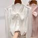 Women’s Clothing new temperament slim solid color V neck organza lace up single breasted long sleeved chiffon shirt for women_ecoleips.com