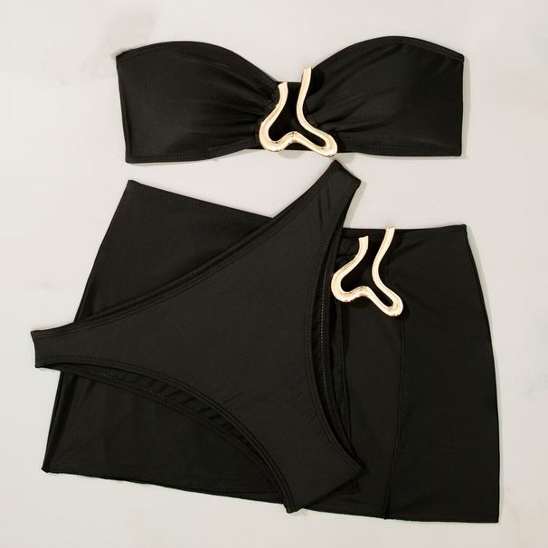 Women's Sexy Strapless Bikini Set Metallic Accent 3-Piece Sporty And Stylish Swimwear with Cover-Up_ecoleips.com