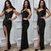 Women's Clothing Velvet Sequins Sling Small V Neck Waist Slit Hip Wrapped Sequin Dress_ecoleips.com