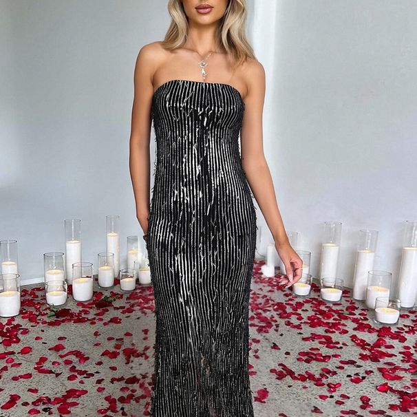 Freet Women's Strapless Dress Trendy Tassel Sequined Style Summer New Arrival_ecoleips.com