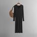 Autumn Winter V-neck Knitted For Women, Straight Slim Fit Long Sleeve Ribbed Split Hem Over-the-knee Sweater Dress_ecoleips.com