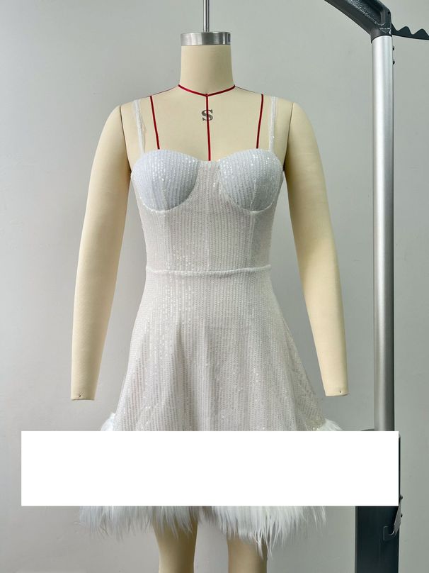 women's dress party sexy chest wrap suspender skirt feather sequin dress_ecoleips.com