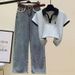 Women's Clothing Reducing Belly Covering Short Sleeved T Shirt For Women With High Waisted Denim Wide Leg Pants Two Piece Suit Ins_ecoleips.com