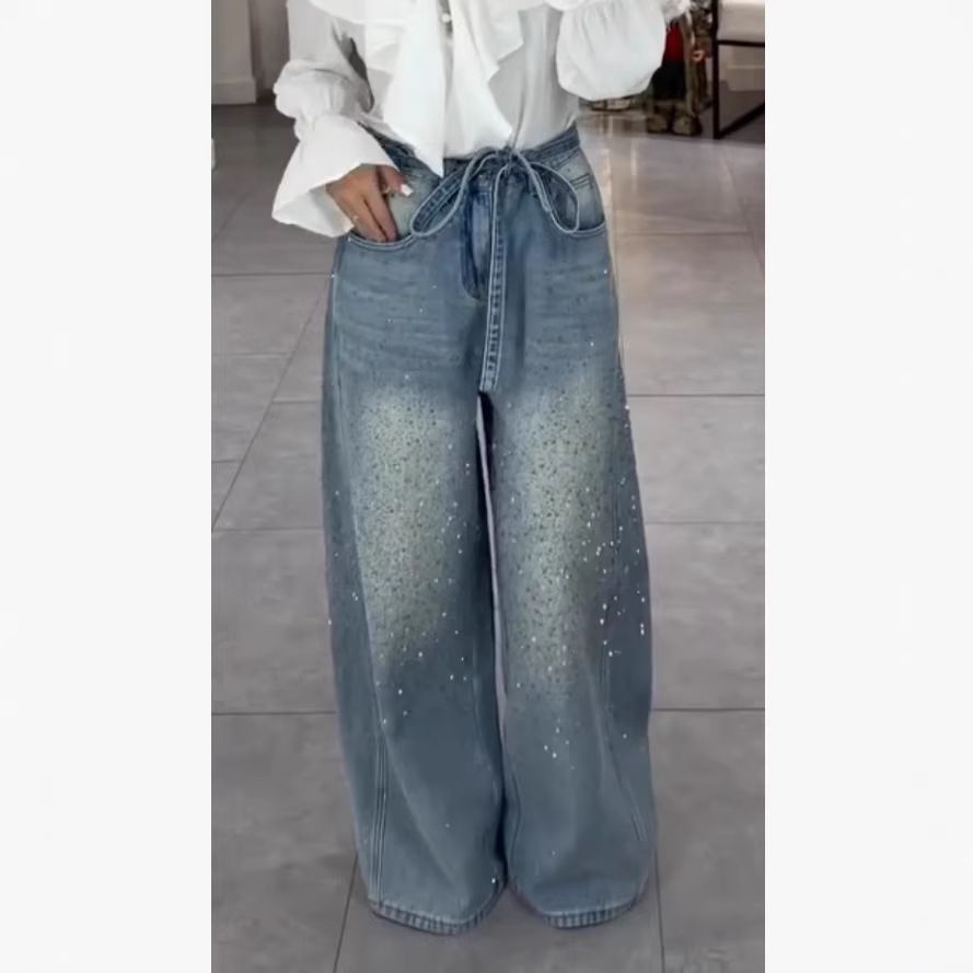 Women's Rhinestone Patchwork Jeans Bow Tie Detail Sexy Loose Fit Denim Retro American Style_ecoleips.com