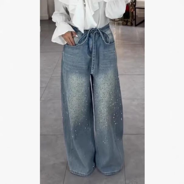Women's Rhinestone Patchwork Jeans Bow Tie Detail Sexy Loose Fit Denim Retro American Style_ecoleips.com