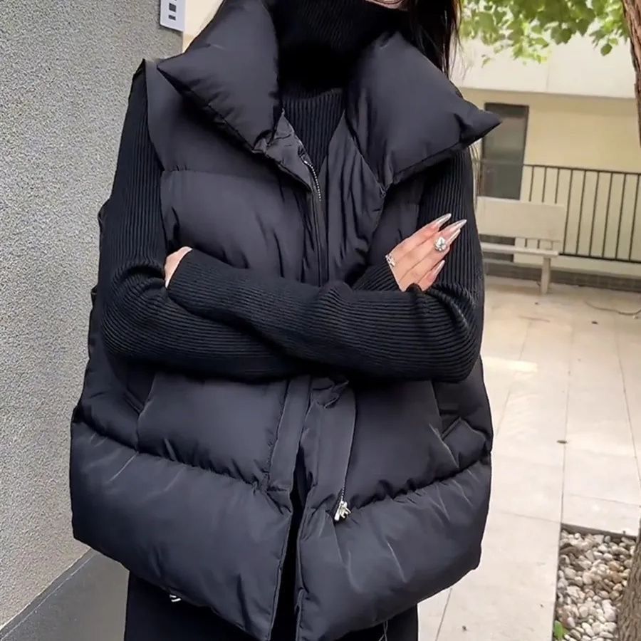 Women's Clothing Thickened Cotton Stuffed Vest Women's Thickened Quilted Vest Short Sleeveless Jacket Outerwear Loose Fit Casual Layering French Style_ecoleips.com