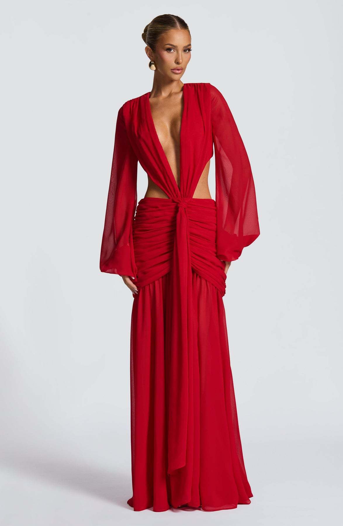 Women's Solid Color Chiffon Long Maxi Dress Long Mesh Sleeves Sexy Backless Hollow Out Fashion Party Dress_ecoleips.com