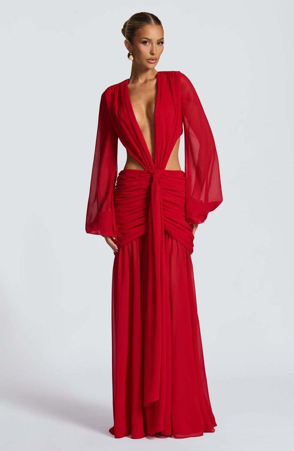 Women's Solid Color Chiffon Long Maxi Dress Long Mesh Sleeves Sexy Backless Hollow Out Fashion Party Dress_ecoleips.com