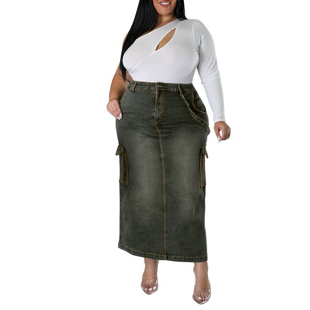 plus Size Women's Denim Skirt with Decorated Suspender And Slit J8007 Cross Border Style Factory Direct Sales_ecoleips.com