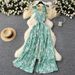 Women's Clothing Travel Vacation Outfit Jumpsuit Women's Summer Elastic Pleated Waist Floral Suspenders Wide Leg Long Pants_ecoleips.com