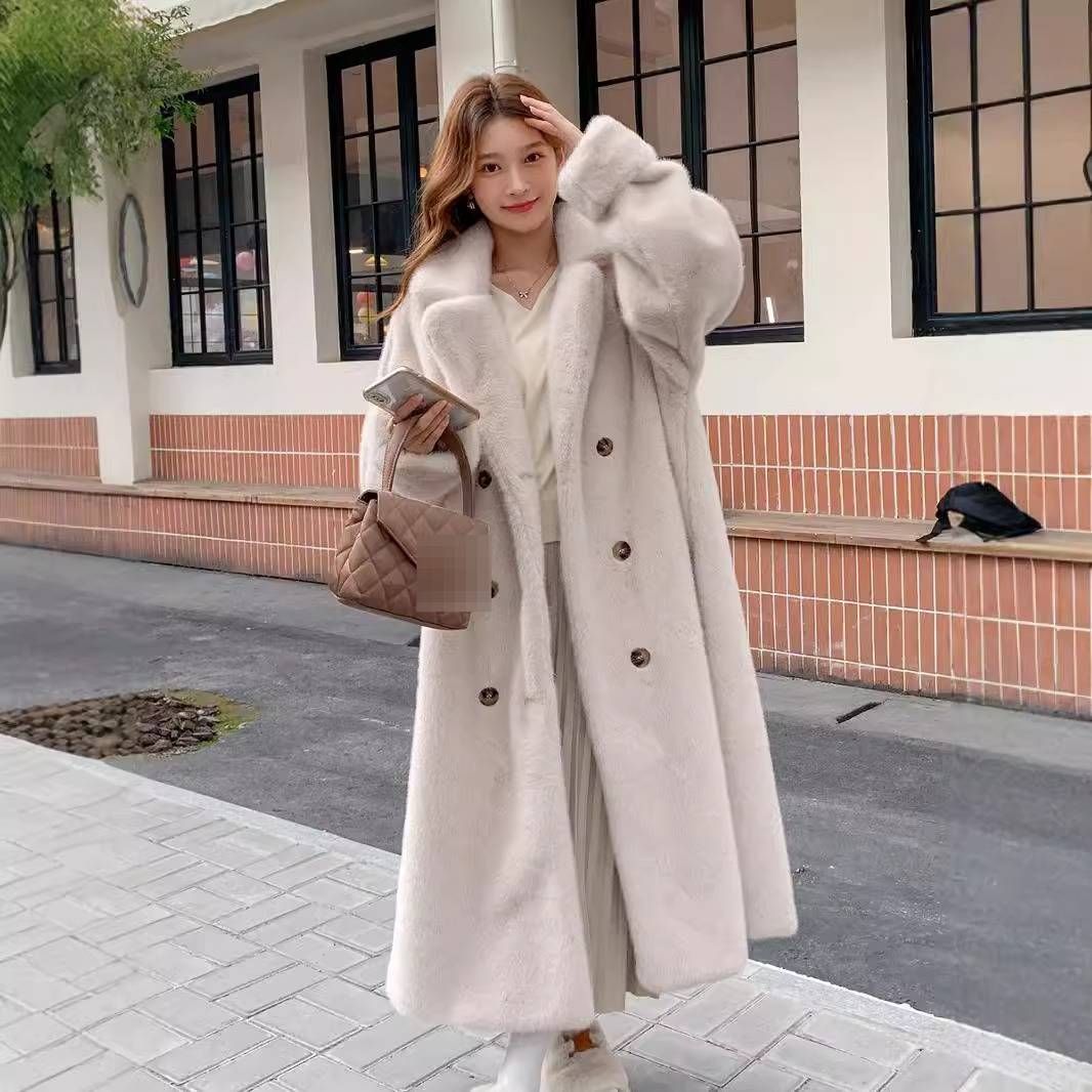 Luxury Faux Mink Trench Coat – Oversized Notch Lapel Maxi Coat With Button Detailing (Cream & Cocoa For Timeless Elegance)_ecoleips.com