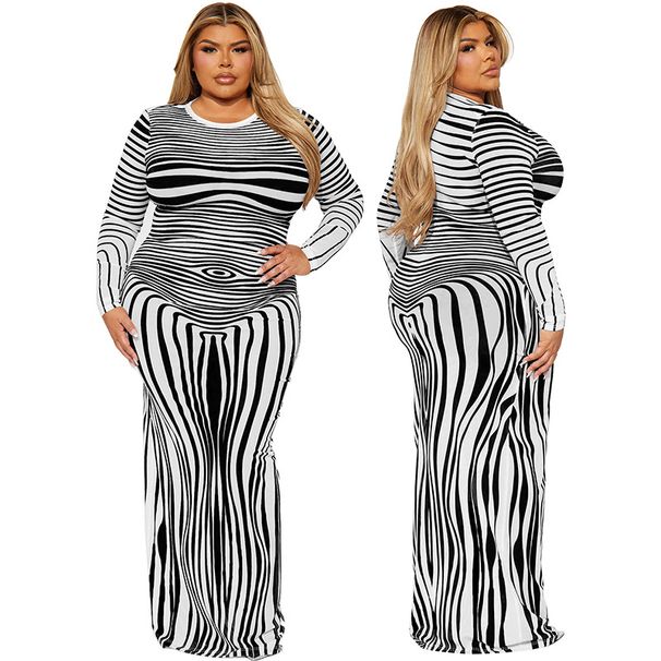 Women's Clothing Plus Size Women's Irregular Striped Long Sleeved Dress Long Sleeve For Formal & Casual For Women_ecoleips.com